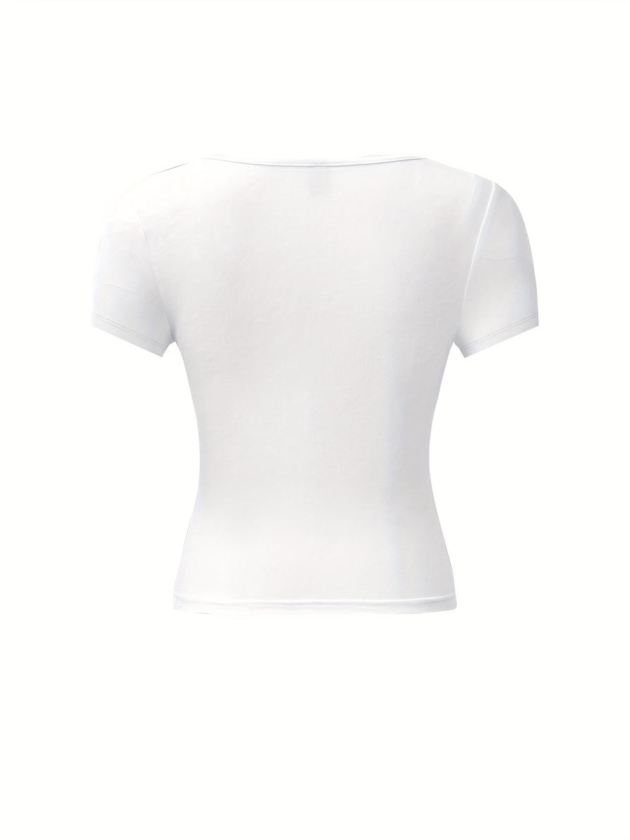 4pcs Set U-Neck Short-Sleeved T-Shirt Women'S Summer New Solid Color Slim Short All-Match Top - White+Black+Dark Gray+Brown