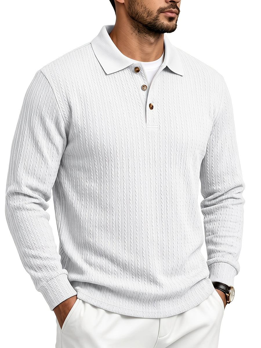 Spring/Autumn Men'S Long Sleeve Polo Shirt, High-Elastic Textured Vertical Rib Jacquard Collar T-Shirt, Business Casual Slim Fit Versatile Solid Color Pullover Top - White