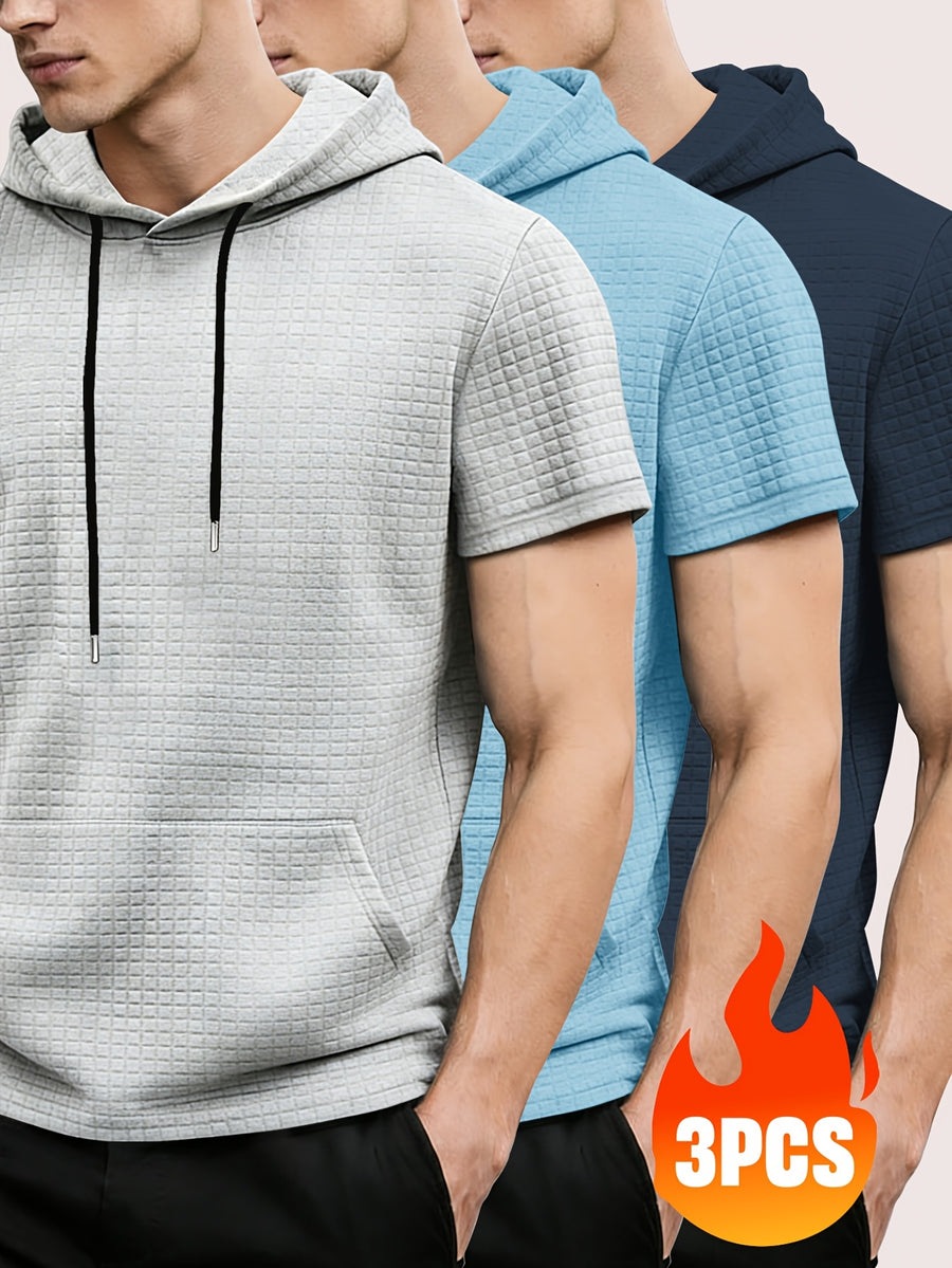 3pcs Men's Waffle Knit Short Sleeve Hoodie with Kangaroo Pocket, Soft and Breathable Fabric, Multiple Color Options, Versatile for Daily Wear, Simple and Stylish Casual Sportswear, Suitable as Matching Family Outfits, Great Choice for Gifts - Gray + Sky Blue + Navy Blue