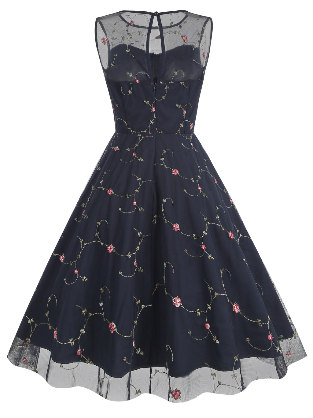 Women's Round Neck Sleeveless Mesh Embroidered Dress for Vacation, Elegant Gatherings, Parties, Floral Wedding Season, Back-to- Season, and Dates - Navy Color