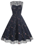 Women's Round Neck Sleeveless Mesh Embroidered Dress for Vacation, Elegant Gatherings, Parties, Floral Wedding Season, Back-to- Season, and Dates - Navy Color
