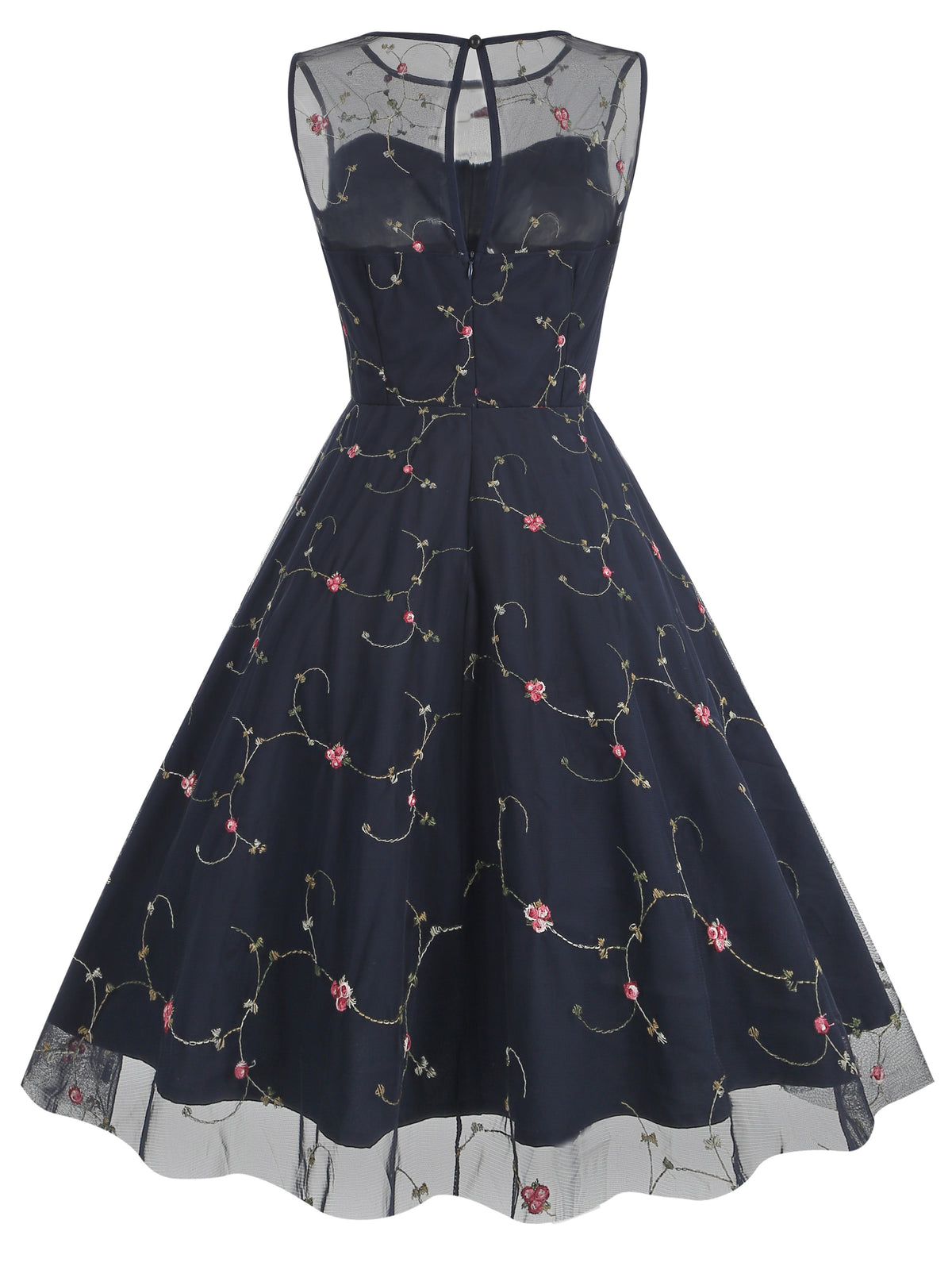 Women's Round Neck Sleeveless Mesh Embroidered Dress for Vacation, Elegant Gatherings, Parties, Floral Wedding Season, Back-to- Season, and Dates - Navy Color