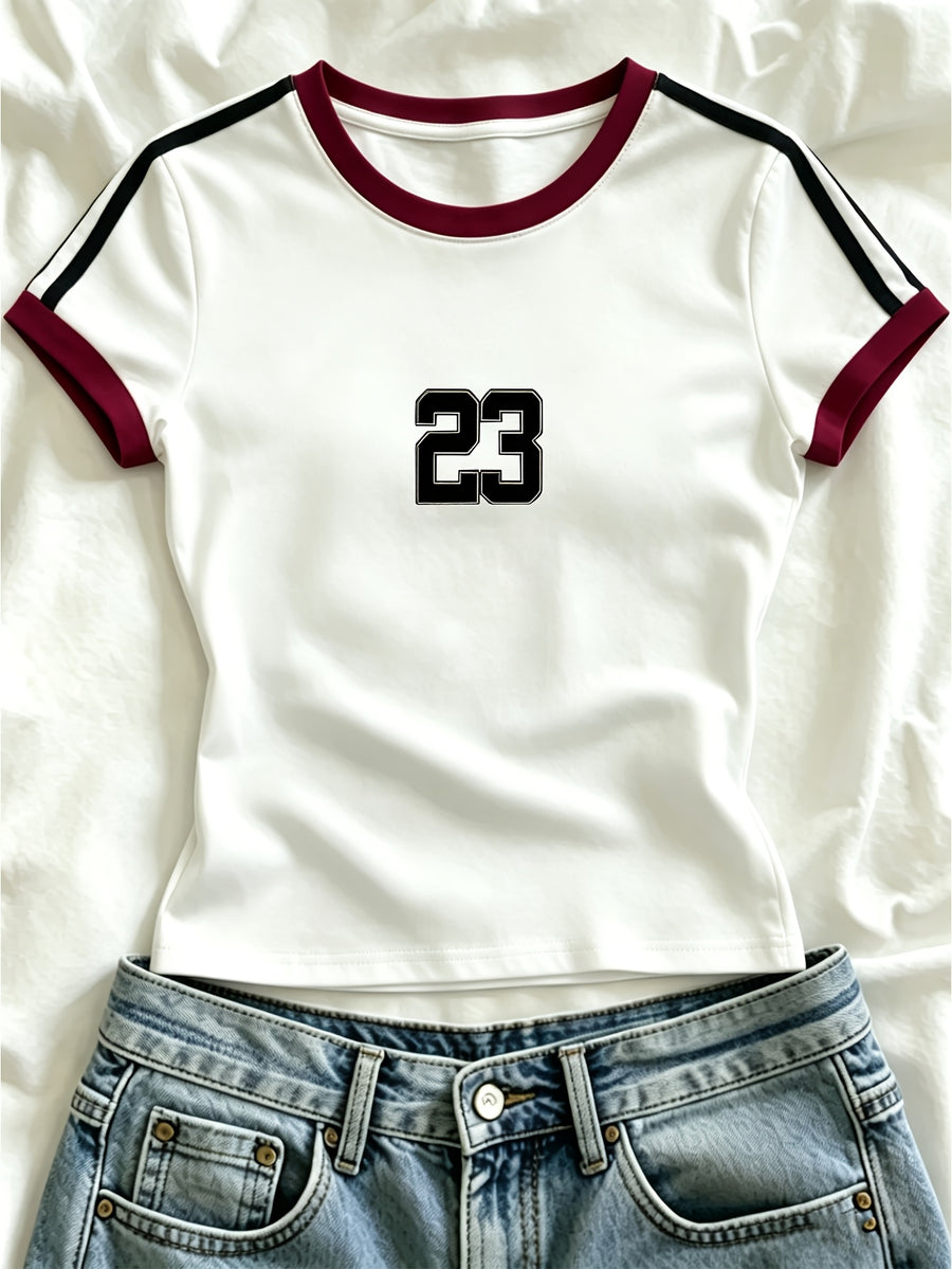 1pc Western Fashion Spring Summer Campus Style Square Shoulder Round Neck Contrast Slim Fit Women'S T-Shirt, Easy Number Pattern Women'S T-Shirt - White