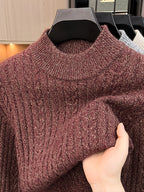 Men'S Semi-High Neck Jacquard Knit Sweater, Yarn Blend Thick Textured Velvet Base Layer, Stable Business Autumn Winter Knit Top - SINBOS - Coffee Purple