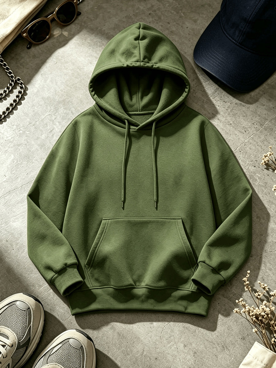 Men's Casual Solid Color Hooded Sweatshirt - Adjustable Drawstring Hood + Front Kangaroo Pocket, Machine Washable Wrinkle-Resistant Fabric, Suitable for Casual Wear and Light Sports, Comfortable Long-Sleeve Hooded Top for Daily Commutes and Outings - Military Green