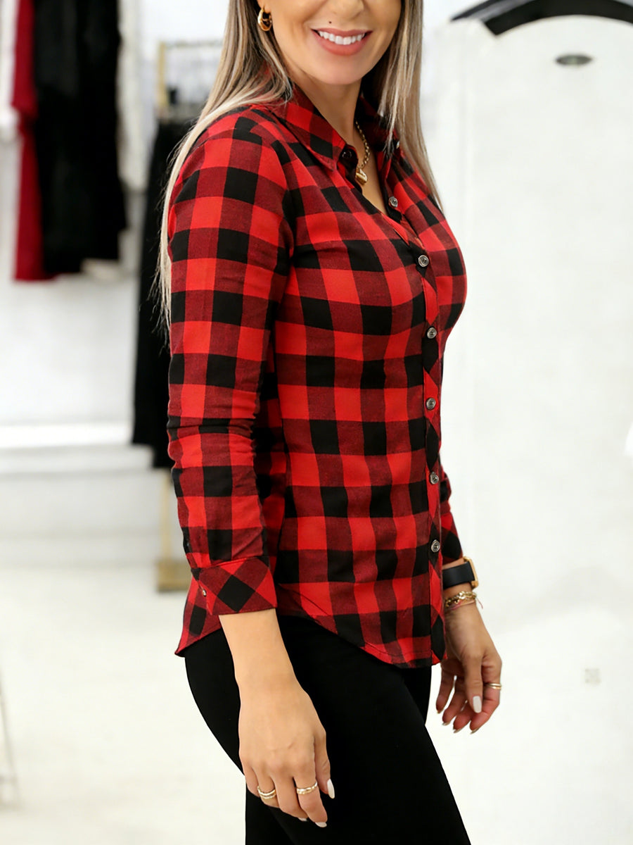 Women's Elegant Special Line Long Sleeve Button-Up Shirt - Loose Fit Lapel Collar Blouse, Double-Color Checkered ( & Color), Single-Breasted Door Placket, Suitable for Spring Summer Fall Casual Outdoor Wear, Office & Semi-Formal Attire - Red check