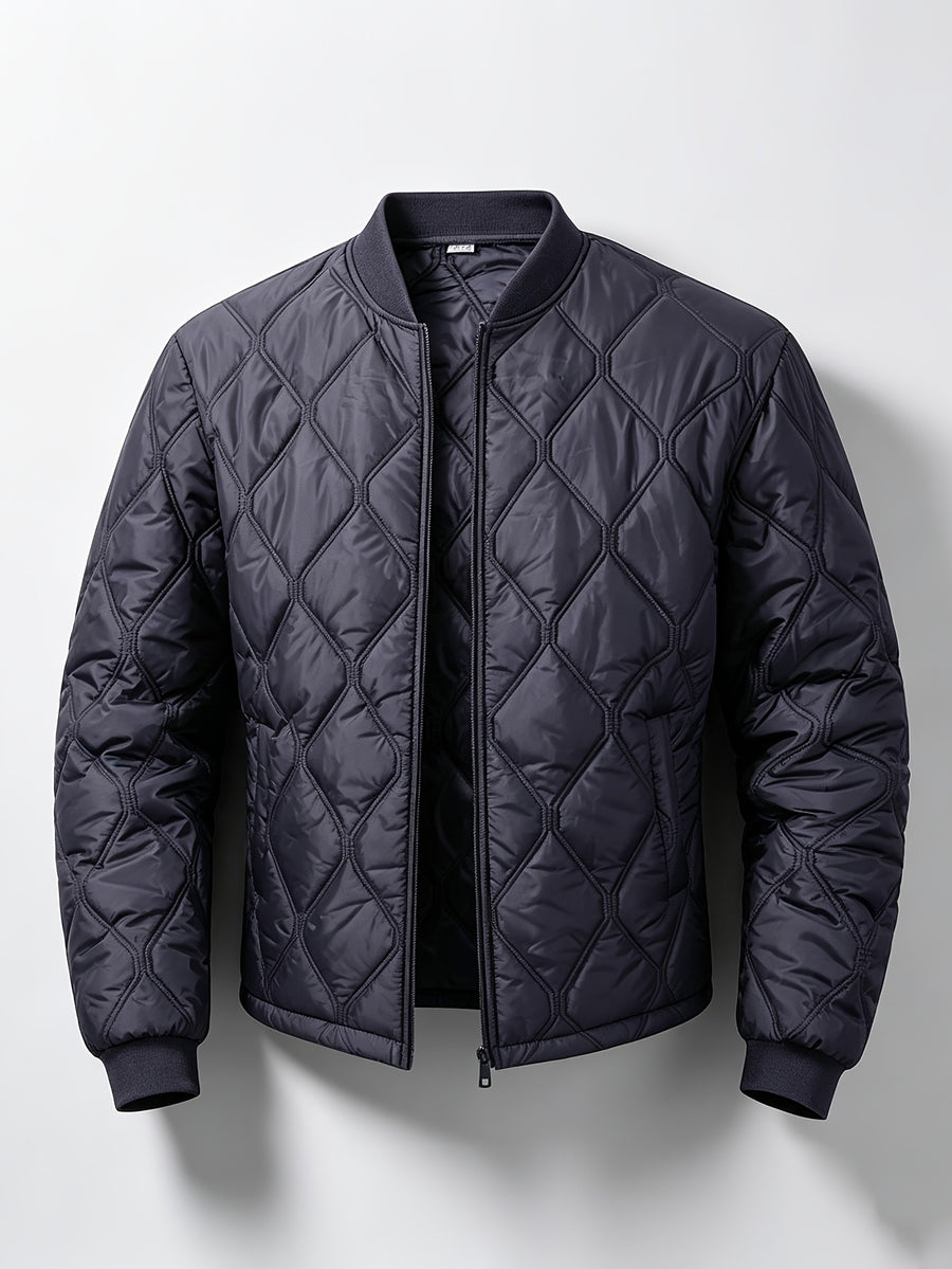 Autumn/Winter Men's Solid Black Diamond-Pattern Stitch Padded Coat, Casual Zipper Baseball Collar Lightweight Padded Outerwear - Navy Color