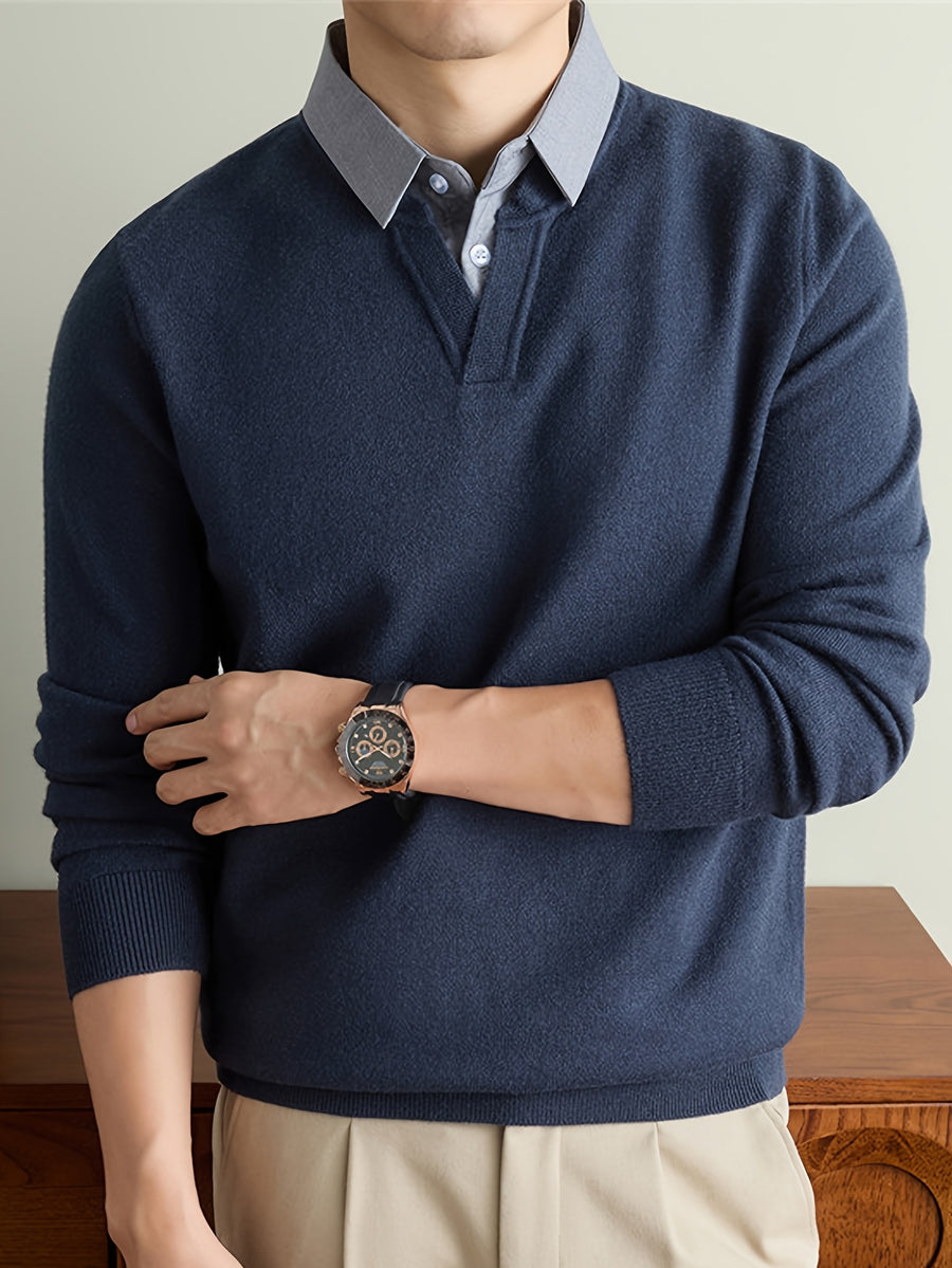 Men'S Thickened Polo Collar Faux Two-Piece Sweater, Autumn Winter Business Commute Sweater, Contrast Shirt Collar Pullover Top - SINBOS, Knit - Ya Shangqing