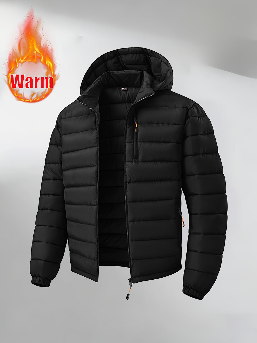 Autumn/Winter Men's Lightweight Zipper Hooded Jacket, Windproof and Warm Outdoor Hiking Travel Casual Jacket, Business Casual Short Padded Coat, Winter Inner Layer Top - Black