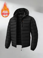Autumn/Winter Men's Lightweight Zipper Hooded Jacket, Windproof and Warm Outdoor Hiking Travel Casual Jacket, Business Casual Short Padded Coat, Winter Inner Layer Top - Black