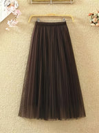 Petite Women'S Mesh Half Skirt High-Waist Pleated Flared Skirt - Coffee Brown