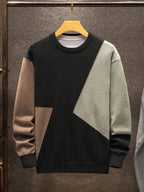 Color-Blocked Round-Neck Knitted Casual Winter Base Layer for Men - Black