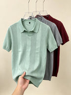 Men 3pcs Vertical Textured Knit Polo Shirts, Slim Fit Notch Collar Short Sleeve Knitwear, Lightweight Comfort Shirts for Office Vacation Daily Wear - Light Green-Gray-Red