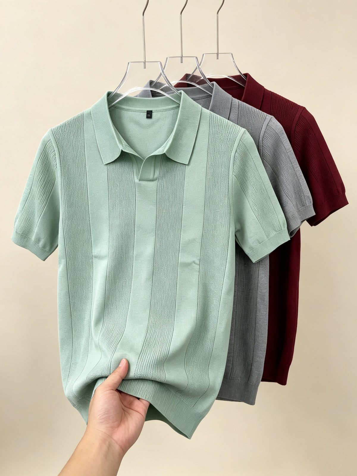 Men 3pcs Vertical Textured Knit Polo Shirts, Slim Fit Notch Collar Short Sleeve Knitwear, Lightweight Comfort Shirts for Office Vacation Daily Wear - Light Green-Gray-Red