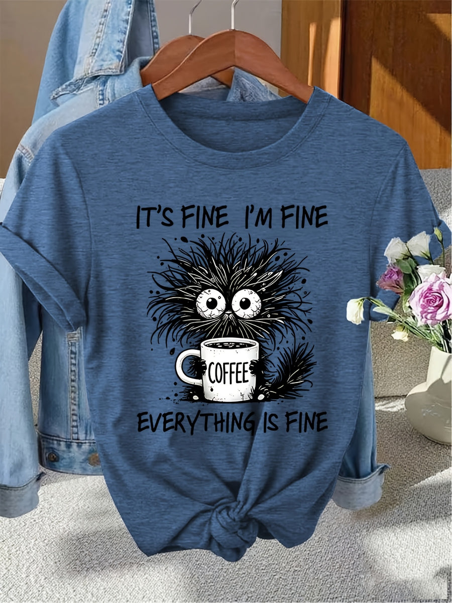 Women'S Funny Black Cat Coffee Lover Graphic T-Shirt - Soft Breathable Tee with "It'S Fine I'M Fine" Slogan, Casual Short Sleeve Round Neck Top for Casual Attire, Cat Tshirt, Comfortable Fit Shirt, Weekend Attire, Playful Design, Quality Print - Dark Blue