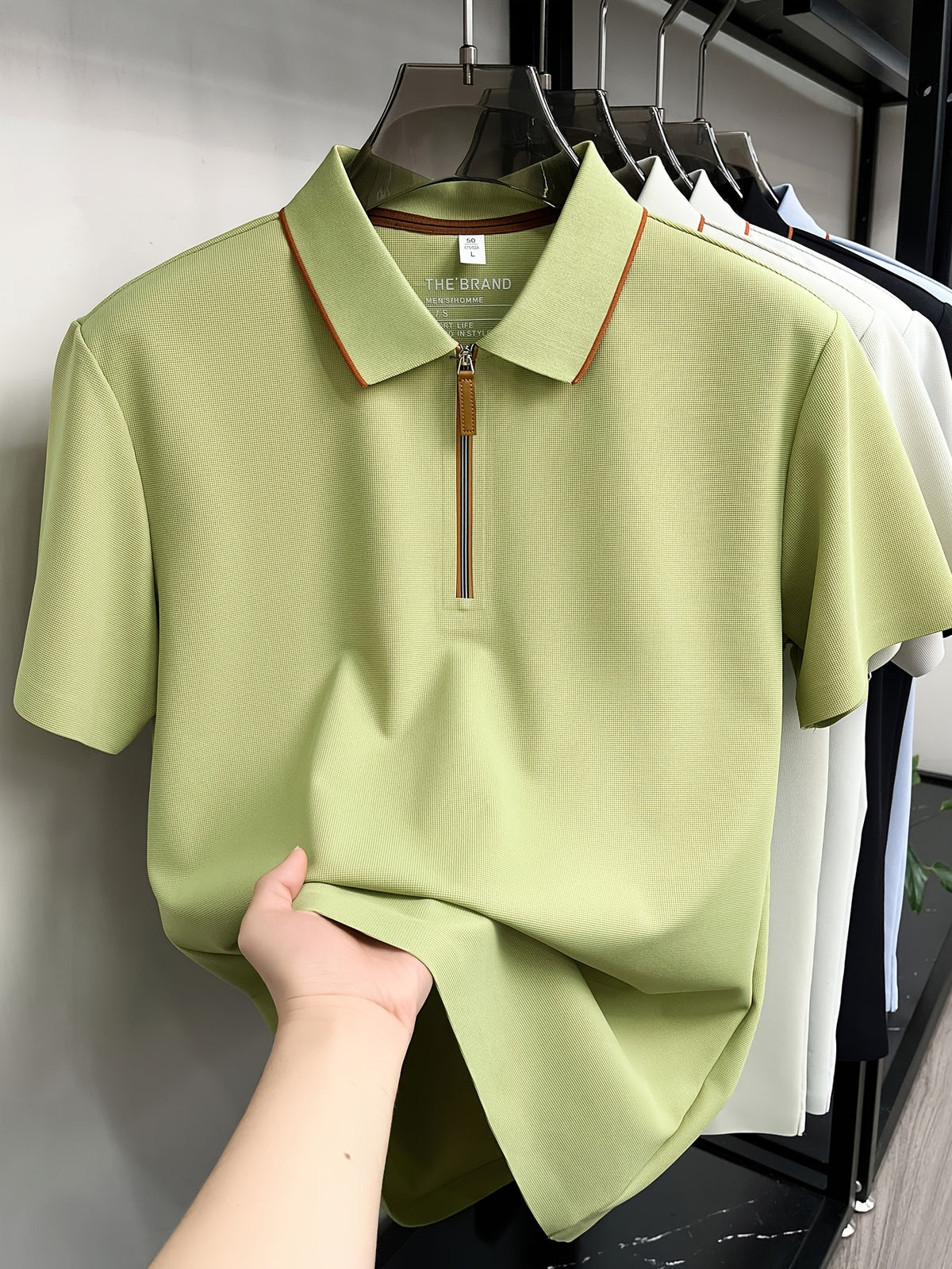 Men'S Zip-Up Polo Shirt, Summer Business Casual Contrast Collar Short Sleeve T-Shirt, Breathable Quick-Dry Commute Top, Men'S Athletic Polo Shirt, Summer Commute Men'S Clothing - Green