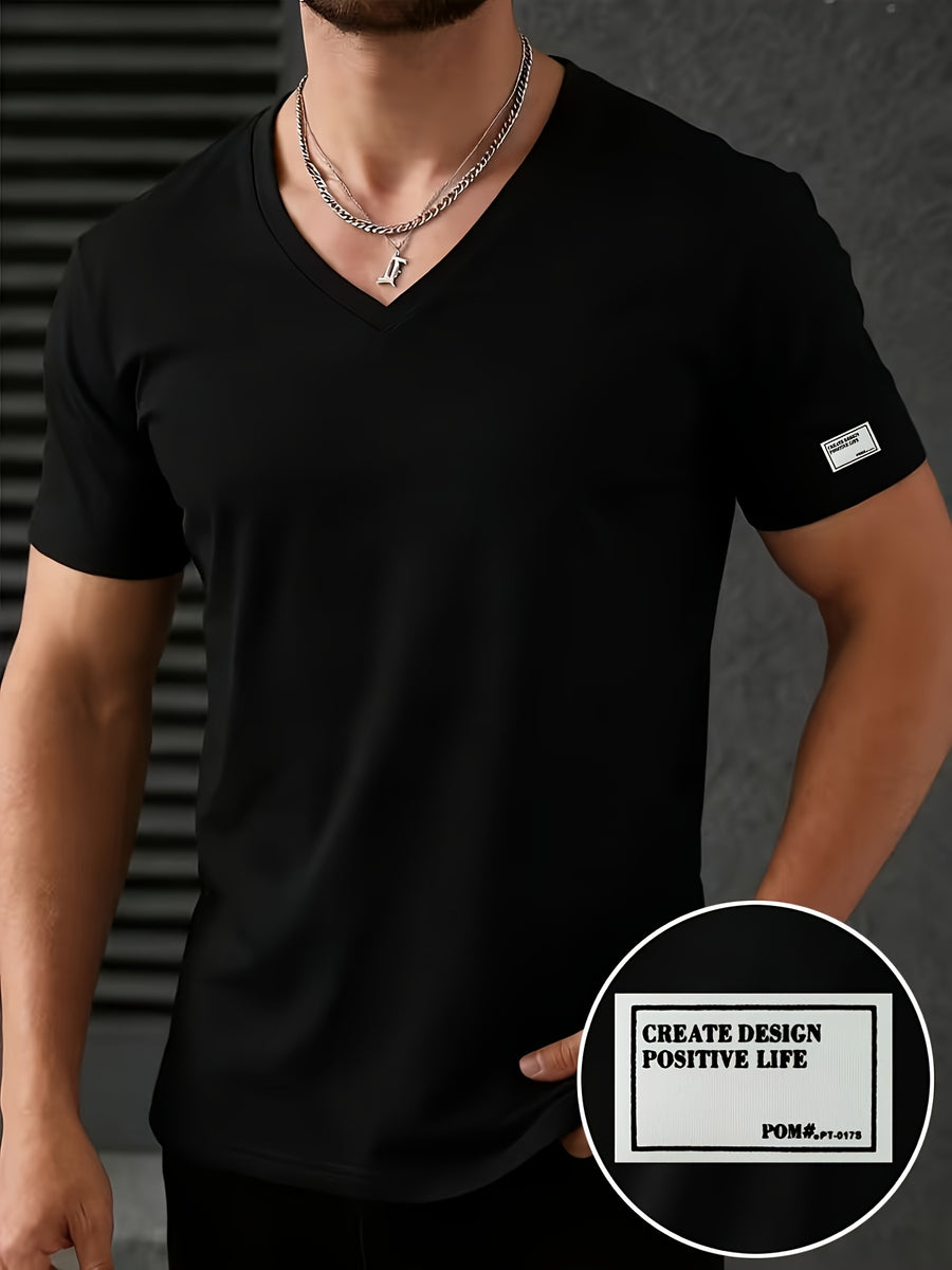 Men'S Patchwork V-Neck Short Sleeve T-Shirt, Suitable for Summer Outdoor Casual Wear, Casual Versatile Knit Top - Black 4