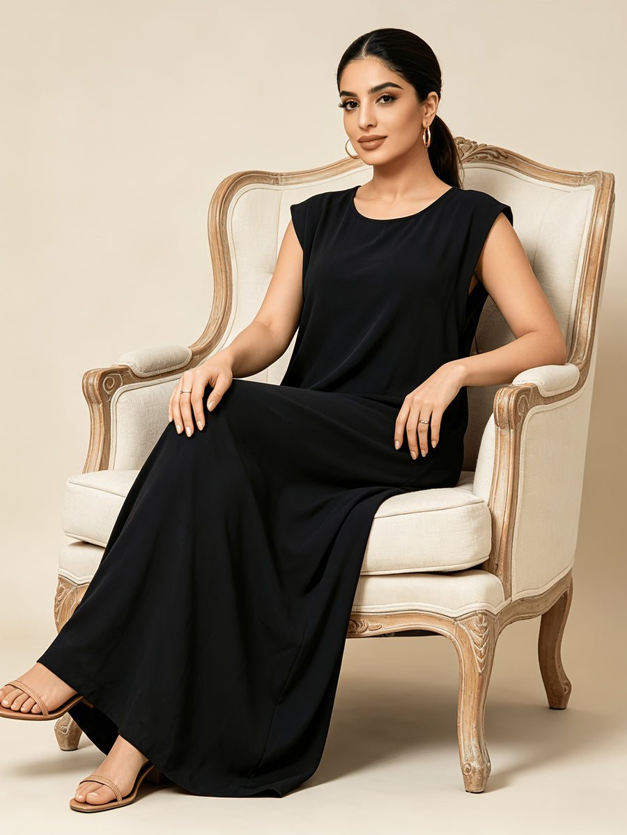 1pc Solid Color Elegant Casual Spring Autumn Suitable for Women'S Daily Base Layer Vest Abaya Muslim Dress Robe Summer Abaya - Black