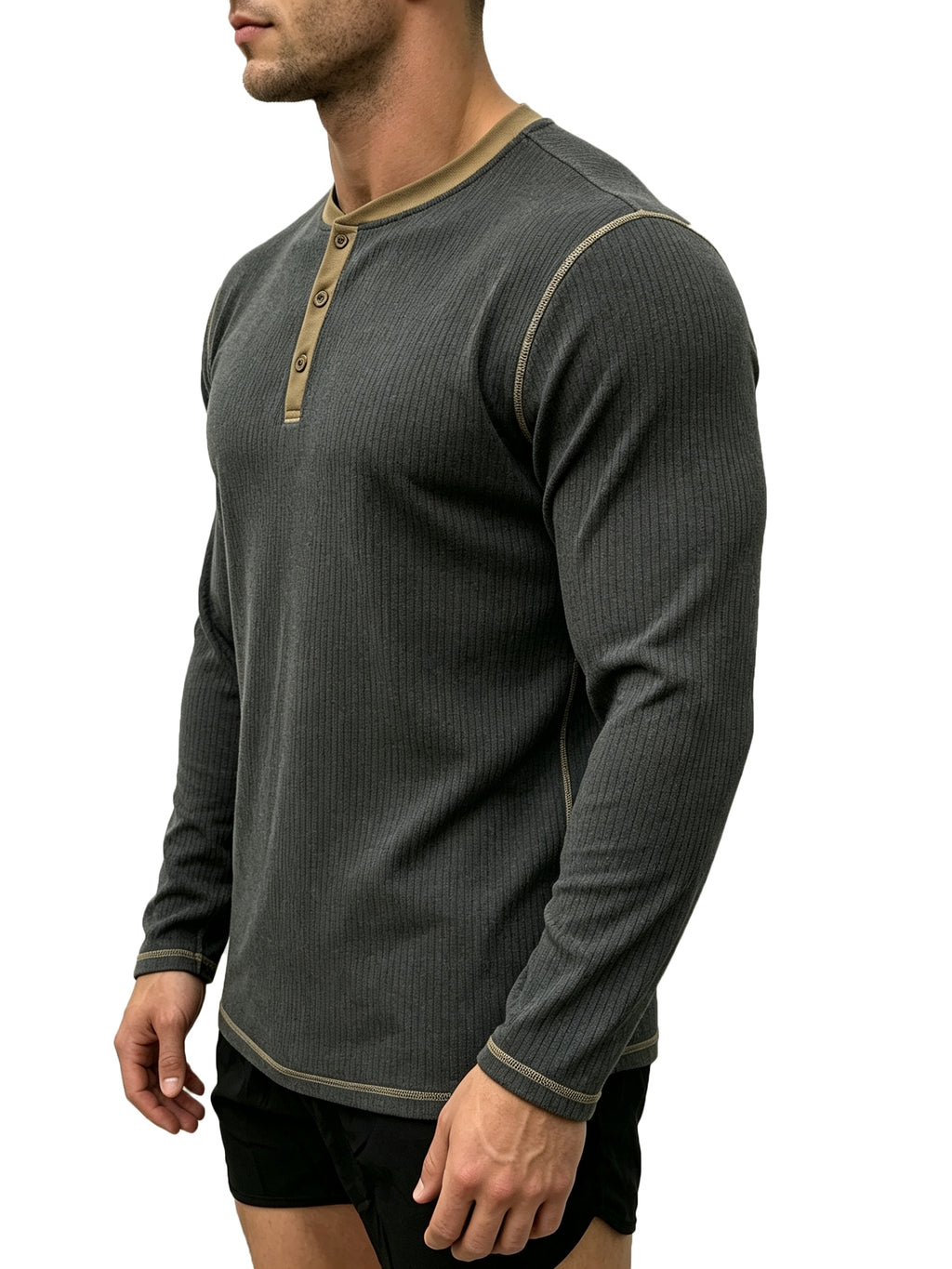 1pc Men'S Spring Summer Casual Henley Shirt, Long Sleeve T-Shirt, Retro Color-Block Trimmed Button-Front, American Easy Versatile Base Layer, Casual Commute Date Comfortable Top Single Pc - Dark Gray