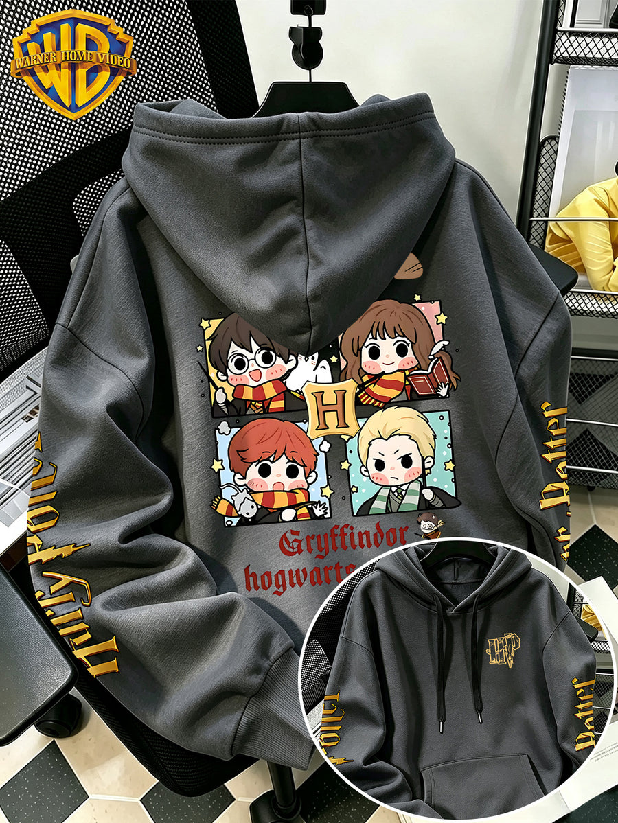 Warner Bros Official Q-Version Four-Panel Magic Boy Group Print Hoodie - Men's Fashion Hoodie with Adjustable Drawstring, Loose and Comfortable Sweatshirt, Suitable for Daily and Outdoor Sports Wear, the Perfect Choice for Warmth in Autumn - Dark Gray