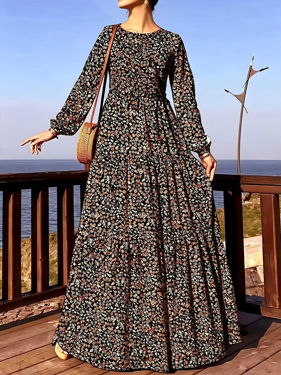 Comfortable Middle Eastern Print Long Dress Robe | Floral Pattern, Long Length, With Belt, Suitable For All Seasons - Multicolor