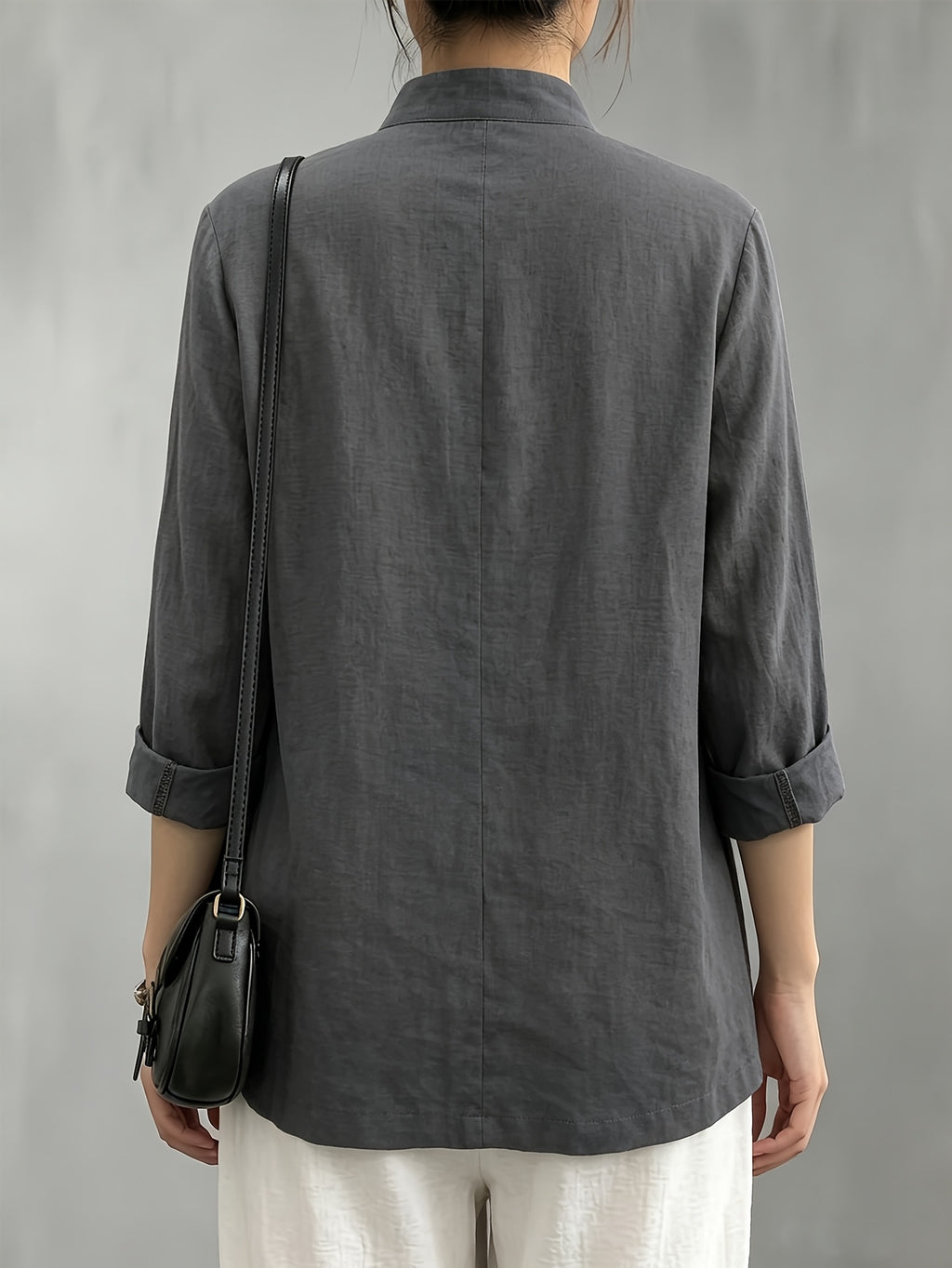 Chinese Style Small Lapel Three-Quarter Sleeve, Relaxed Style Breathable Casual Vacation All-Match Jacket - Dark Gray