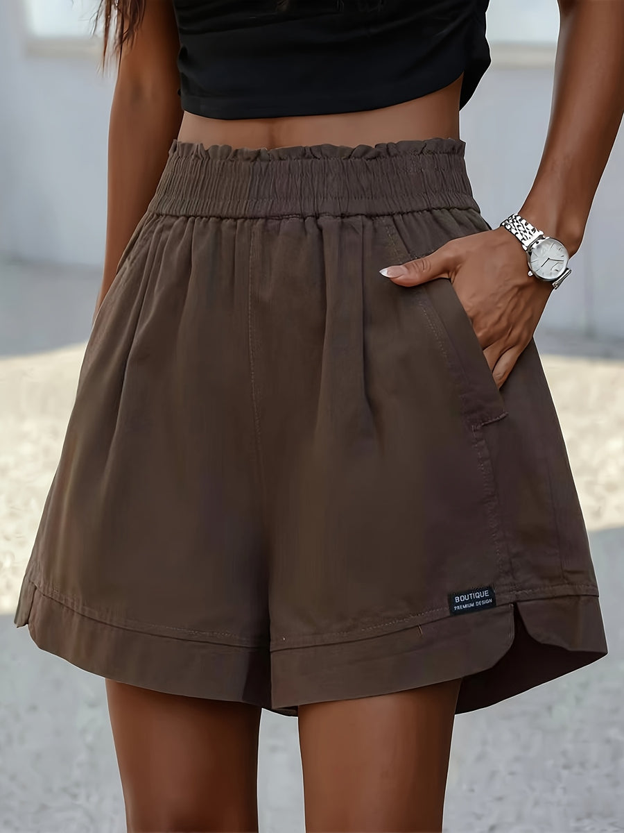Women's Pure Shorts Featuring a High-waisted Elastic Design, a Loose Wide-leg Fit with Pockets, and a Solid Color; Perfect for Summer—loose and Breathable - Coffee Color