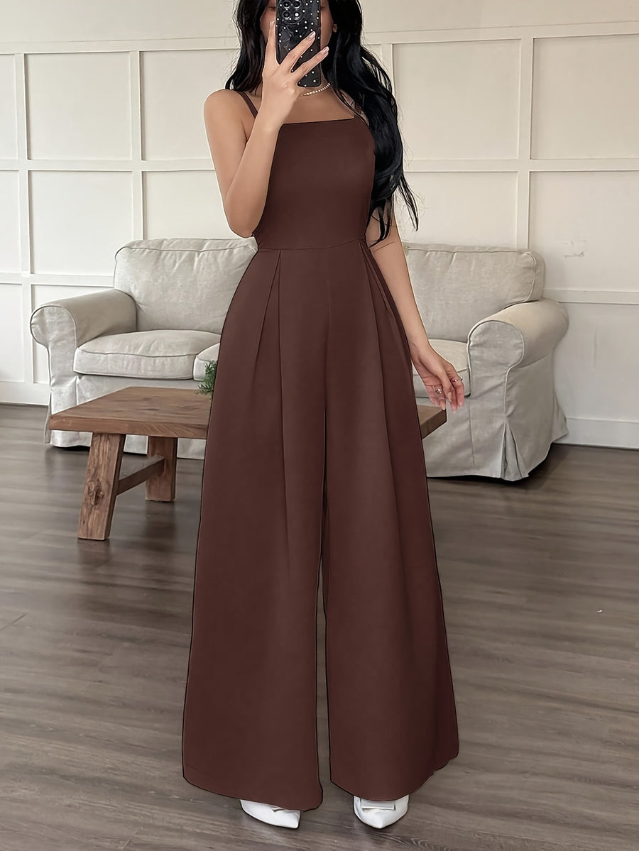 Wide-Leg Loose Solid Color with Ruched Design, Suitable for Summer Women'S Casual Wear - Coffee Color