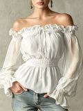Fashionable Retro Ruffle Brown Off-Shoulder Women'S Chiffon Shirt Suitable for Spring, Summer And Autumn - White