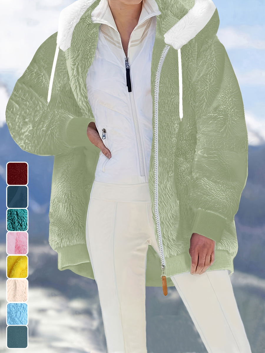 Ladies Autumn Winter Relaxed Cut Plush Hooded Outercoat, Contrast Color Trim Zip Front Warm Lined Jacket, Ribbed Cuff Windproof Casual Outerwear for Daily Commuting and Cold Season Everyday Styling - Ocean Green