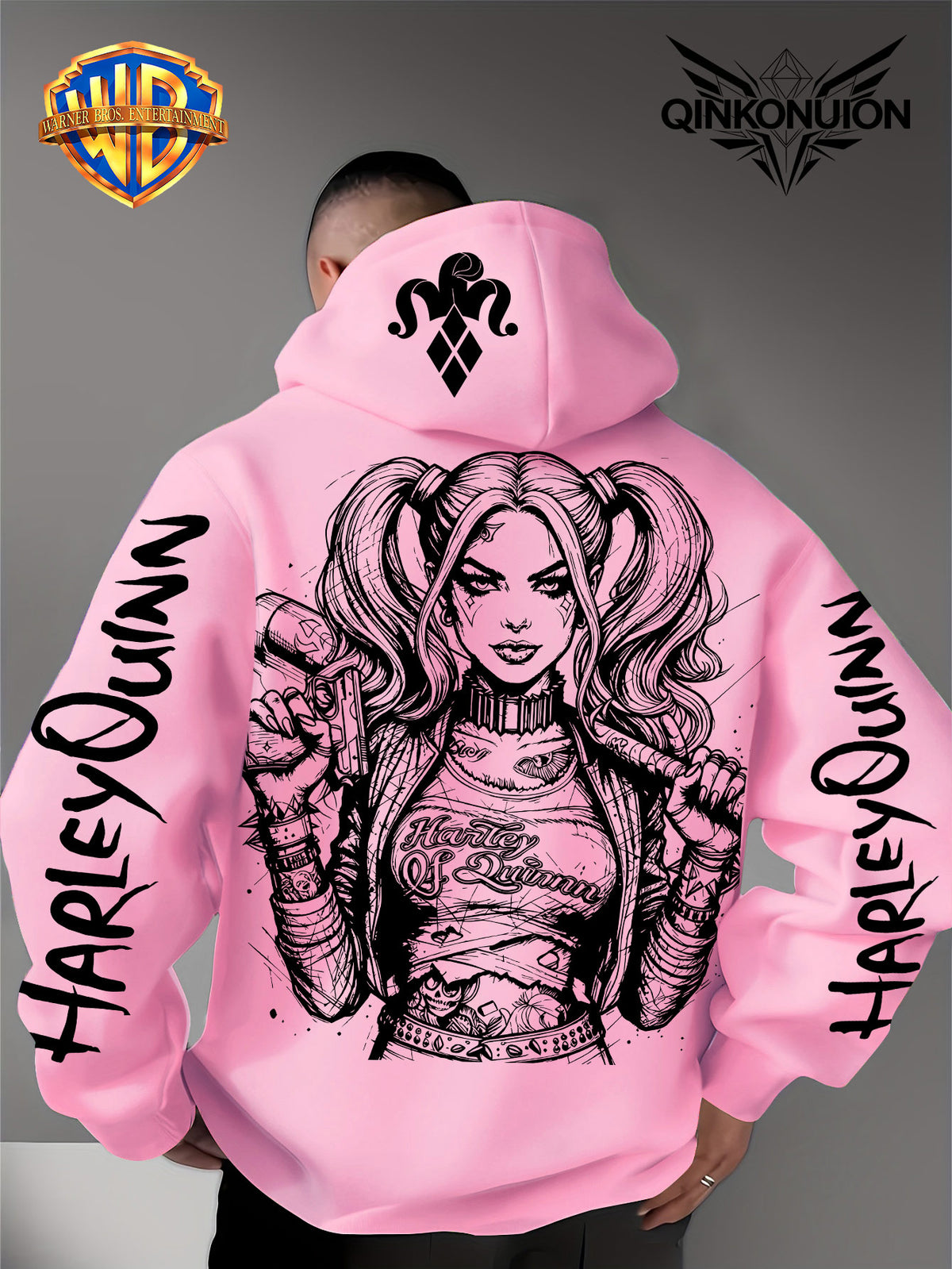 Warner Official Men'S Hoodie, Black And White Thread Draft Double Ponytail Quinn Hardcore Comic Print Design, Machine Washable, Warm And Casual for Autumn And Winter, Daily Drawstring Hoodie, Multi-Functional Sports And Leisure Loose Fit - Pink Color