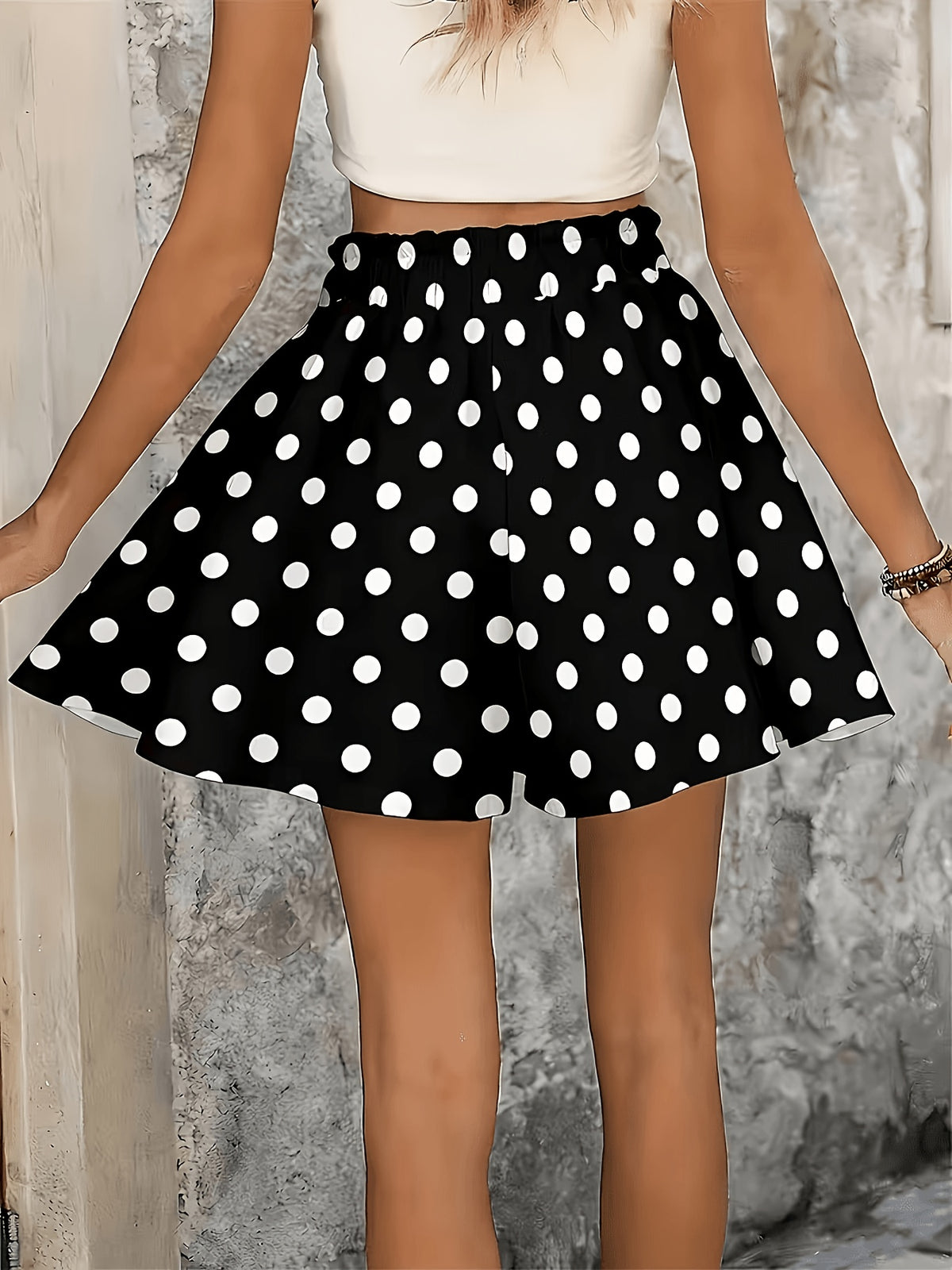 Women's Fashionable Printed Polyester- Stretch Shorts with a Faux Drawstring Design, Featuring a Casual High-waist Elastic Fit for Leisure and Vacation Wear - Black