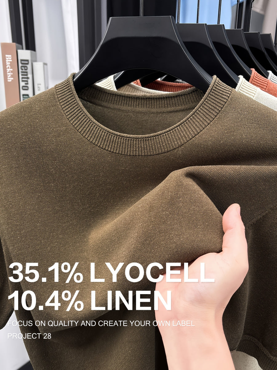 35.1% Lyocell And 10.4% Linen High-Quality Light Luxury Men'S Short Sleeve Round Neck Pullover Knit T-Shirt Fashion Casual Suitable for Outdoor Sports Golf Base Layer Floral Yarn Knit Fabric Collar Rolled Edge Craft Easy Commute Light Business Style - Khaki