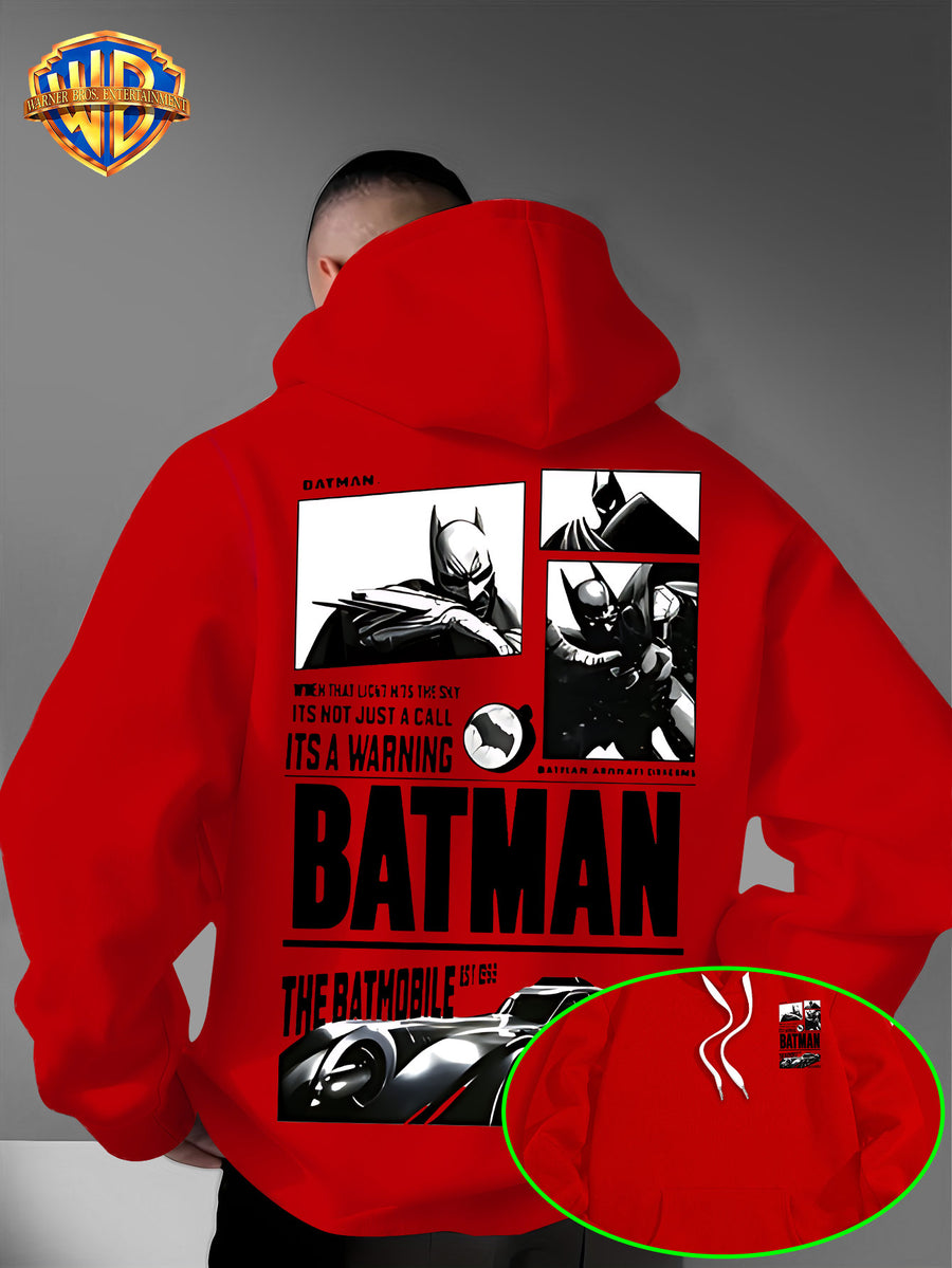 Warner Bros. Authorized American Dark Superhero Retro Batman Comic Poster Print Hooded Sweatshirt, with Adjustable Drawstring, Comfortable And Warm, Fashionable And Versatile Men'S Casual Sweatshirt, Suitable for Autumn And Winter Wear - Red