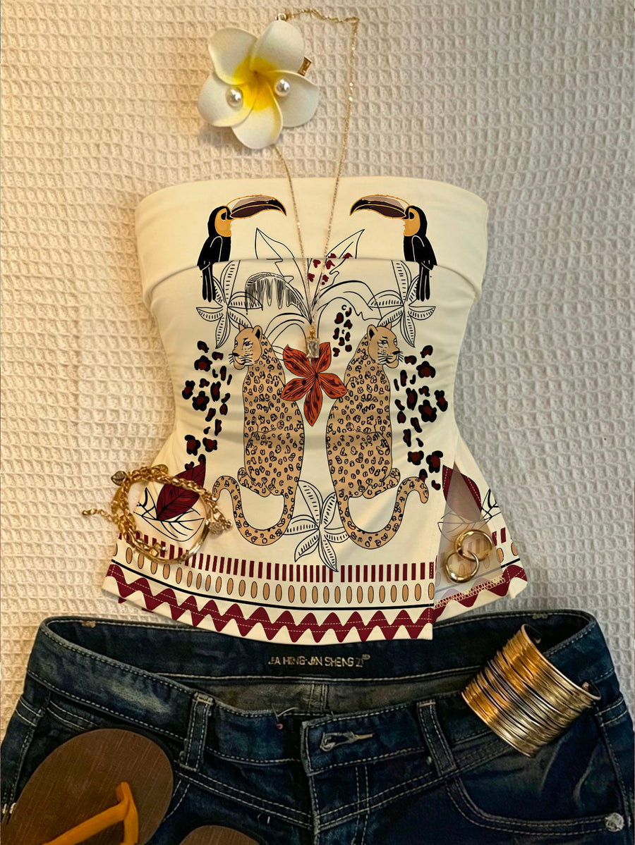 Women'S Tropical Leopard Toucan Print Bandeau Top, Fitted Side Slit Short Vest, Summer Vacation Y2K Style Sleeveless Tight Bustier - Apricot