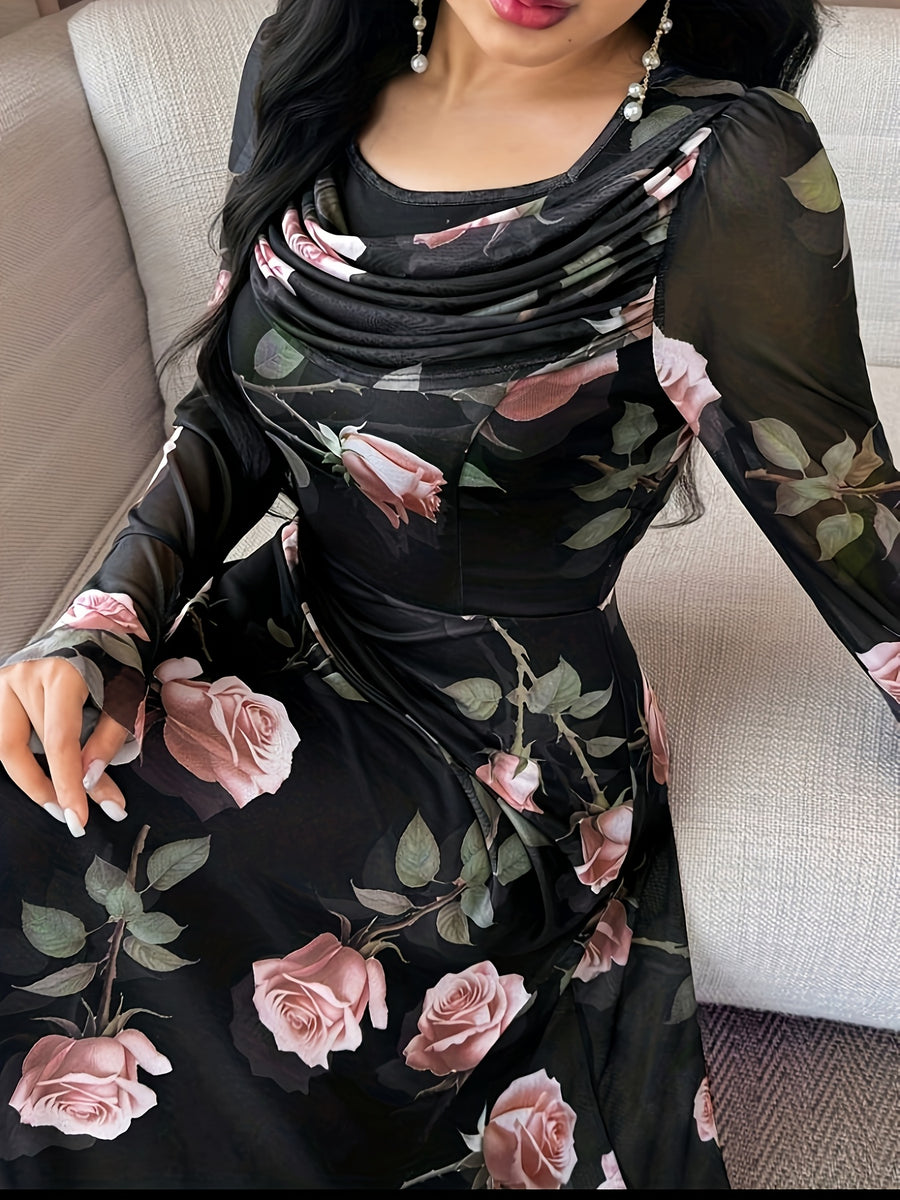 Women's Elegant A-Line Dress with Double Bell Sleeves & Square Neck - Full-Body Flower Print Wedding Guest Dress, Year-Round Formal Party Attire, Machine Washable (High Elasticity A-Line cut) - Mixed Color