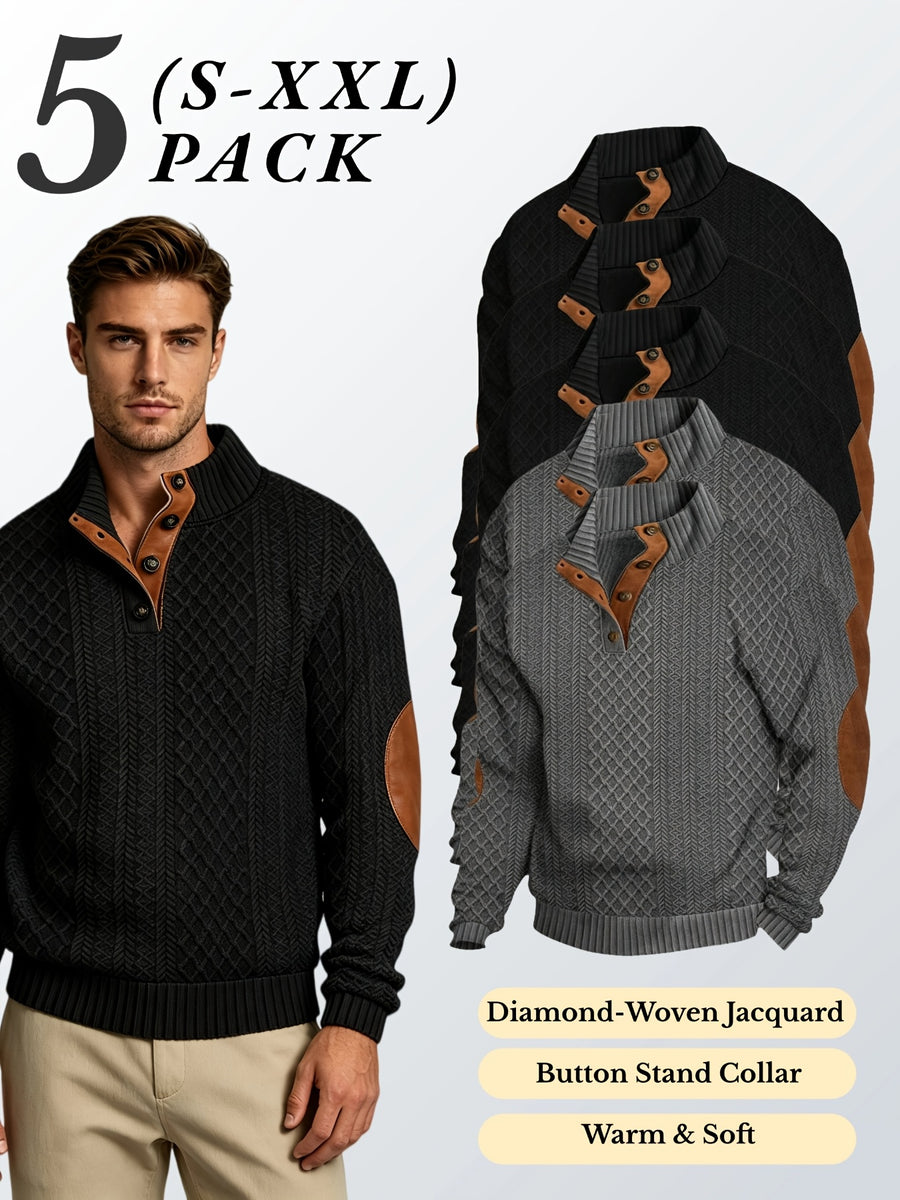 5pcs Set Men's Textured Jacquard Knit Vintage Casual Button-Up Stand Collar Long Sleeve Top, Versatile Basic Solid Color for Autumn/Winter Outings and Home Wear - Black 3+Dark Gray 2