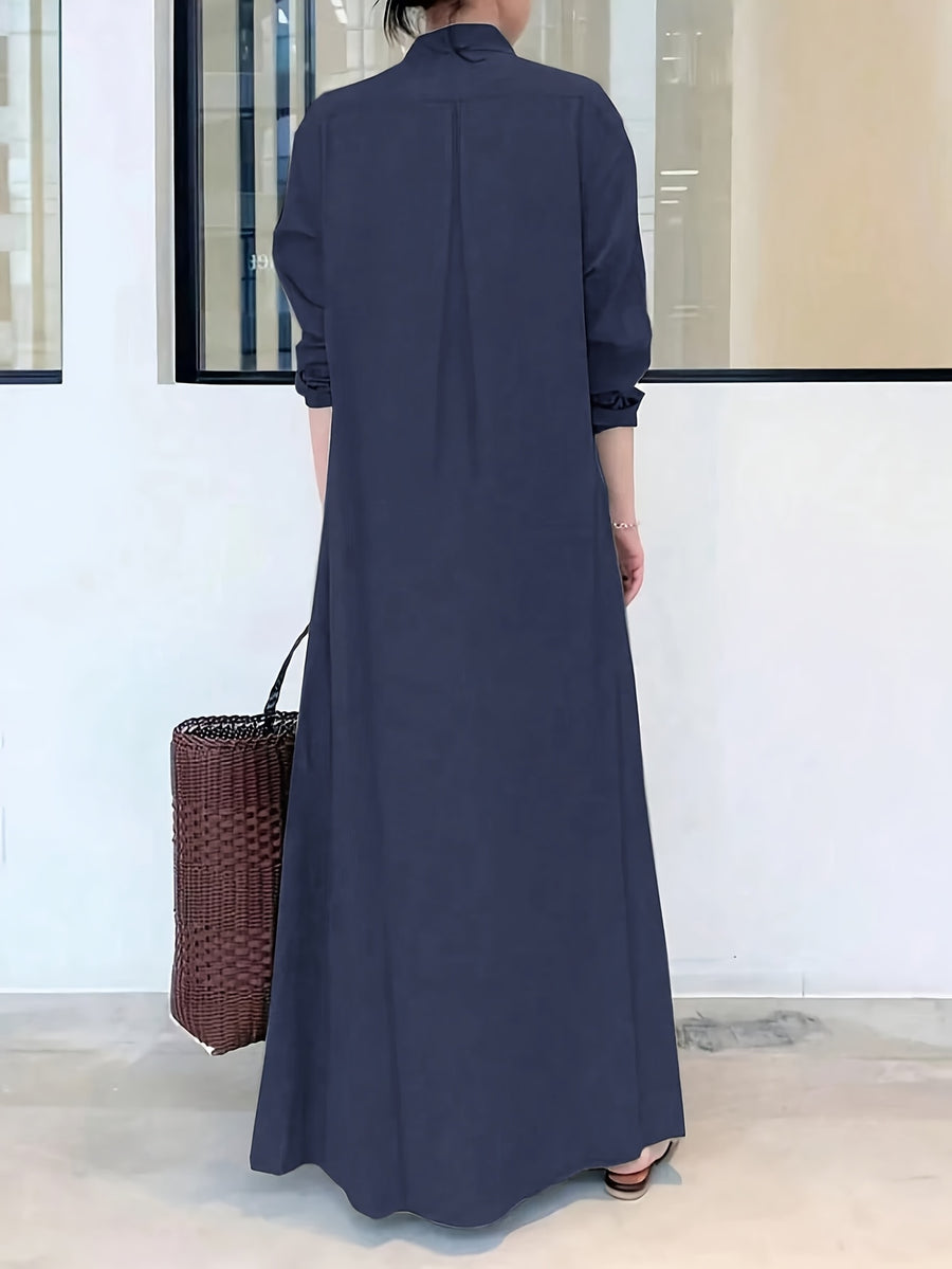 Women'S Button-Up Shirt Dress, Long Sleeve with Pockets, Spring Blouse Collar Autumn Dress - Navy Color