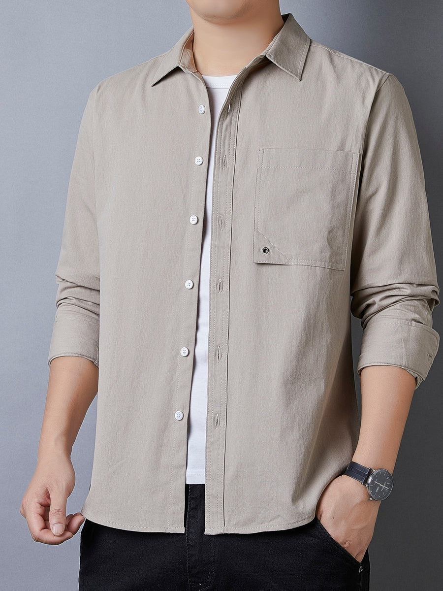 Men's Casual Pure Cotton Long-Sleeve Shirt for Spring and Autumn, Solid Color Simple Lapel Single-Pocket Shirt for Daily Commuting, Work, and Dating, Men's Top - Linen