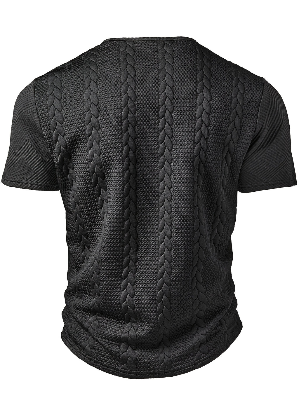 Men'S Fashion Top, Spring Summer Outdoor Casual Random Cut Textured Wheat Ear Jacquard Fabric Round Neck Single Button Patchwork Short Sleeve Men'S Henley Shirt - Black