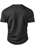 Men'S Fashion Top, Spring Summer Outdoor Casual Random Cut Textured Wheat Ear Jacquard Fabric Round Neck Single Button Patchwork Short Sleeve Men'S Henley Shirt - Black