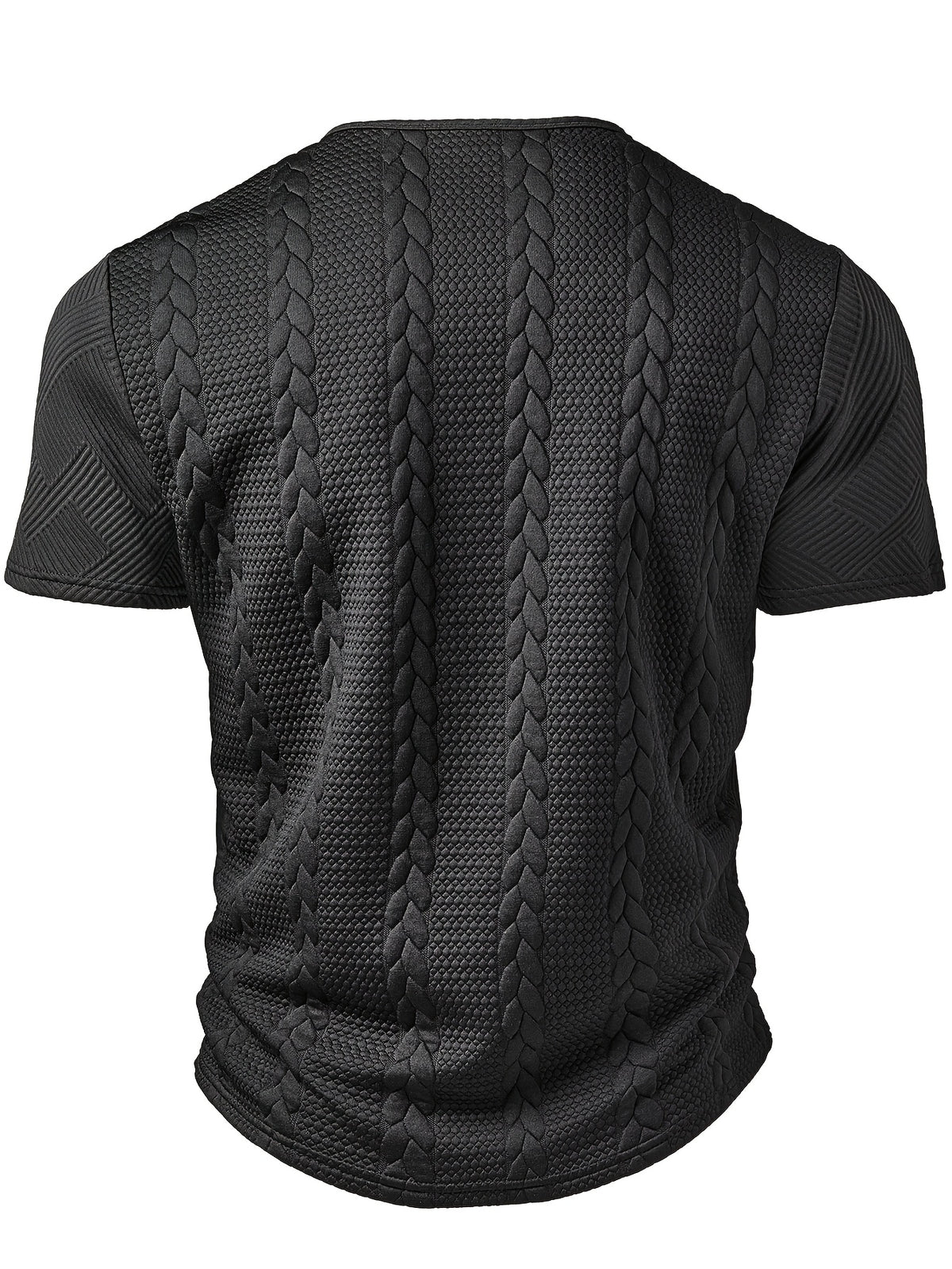 Men'S Fashion Top, Spring Summer Outdoor Casual Random Cut Textured Wheat Ear Jacquard Fabric Round Neck Single Button Patchwork Short Sleeve Men'S Henley Shirt - Black