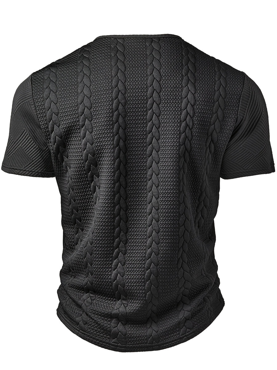 Men'S Fashion Top, Spring Summer Outdoor Casual Random Cut Textured Wheat Ear Jacquard Fabric Round Neck Single Button Patchwork Short Sleeve Men'S Henley Shirt - Black