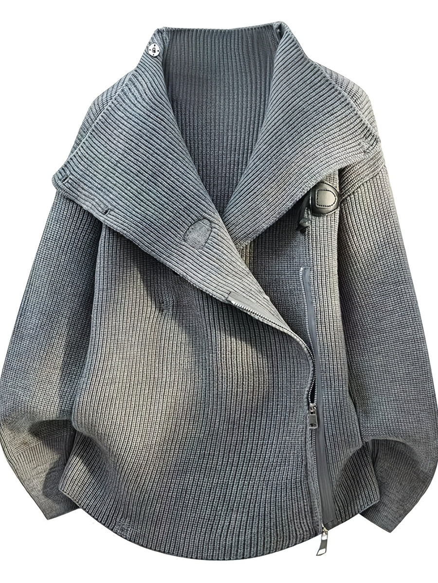 Halloween, Christmas, Thanksgiving, Pre-heat Single-pc Youth Men's Acrylic Knit Cardigan with Irregular Diagonal Zipper, Available in Red, Gray, and Black, Vintage Solid Color Stand-Up Collar Loose Fit Thickened Sweater Coat, Two Collar Style - Grey