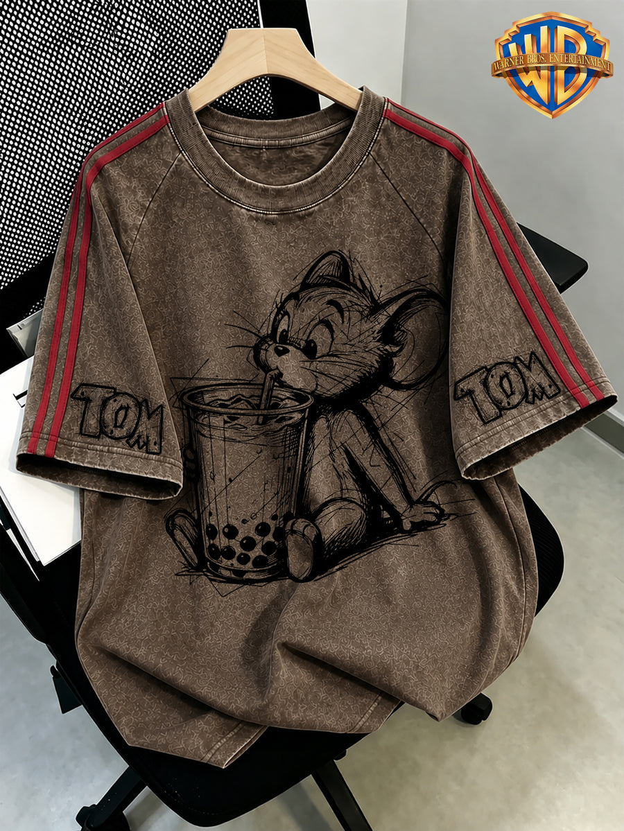 WB Warner Bros. Official License, Washed Vintage Distressed T-Shirt, Hand-Drawn Cartoon Milk Tea Combination Niche Cute Print Short Sleeve Top, Men'S Loose Retro Streetwear Outfit - Coffee Color