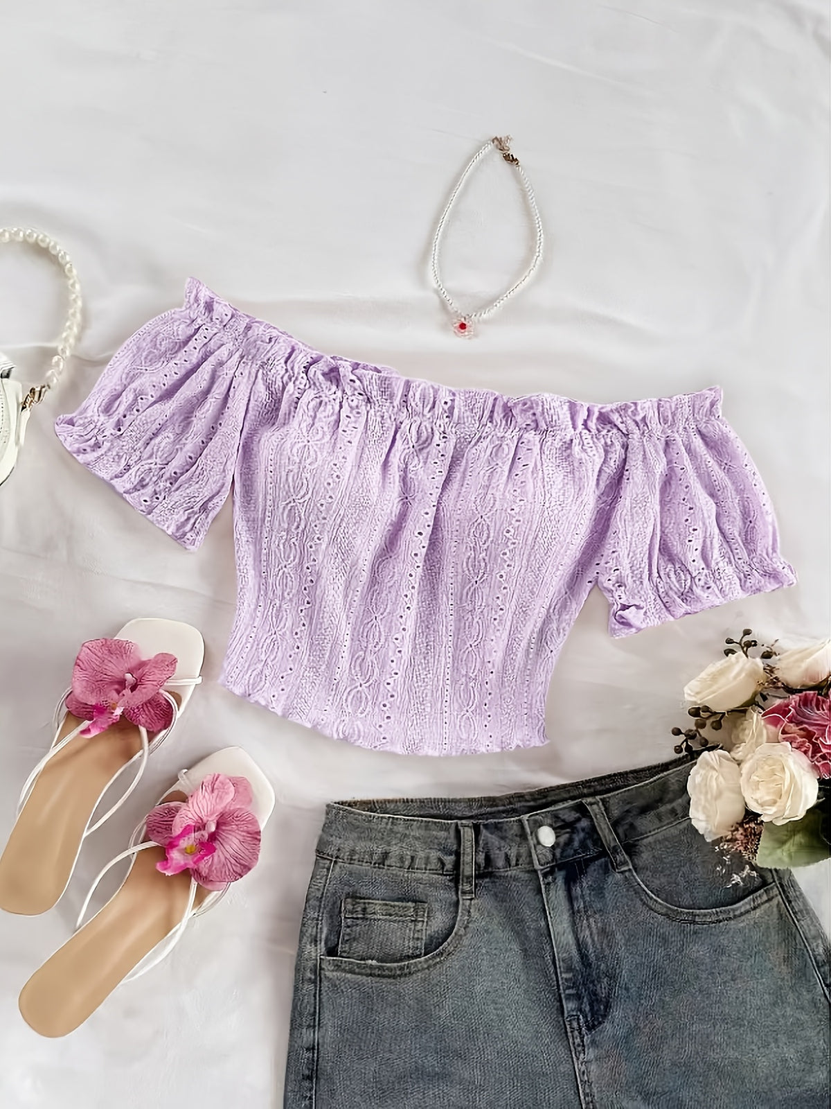 Women'S Bohemian Style Romantic Floral Vacation Style Floral Pattern Crop Off-Shoulder Top, Suitable for Daily Vacation Wear - Light Purple