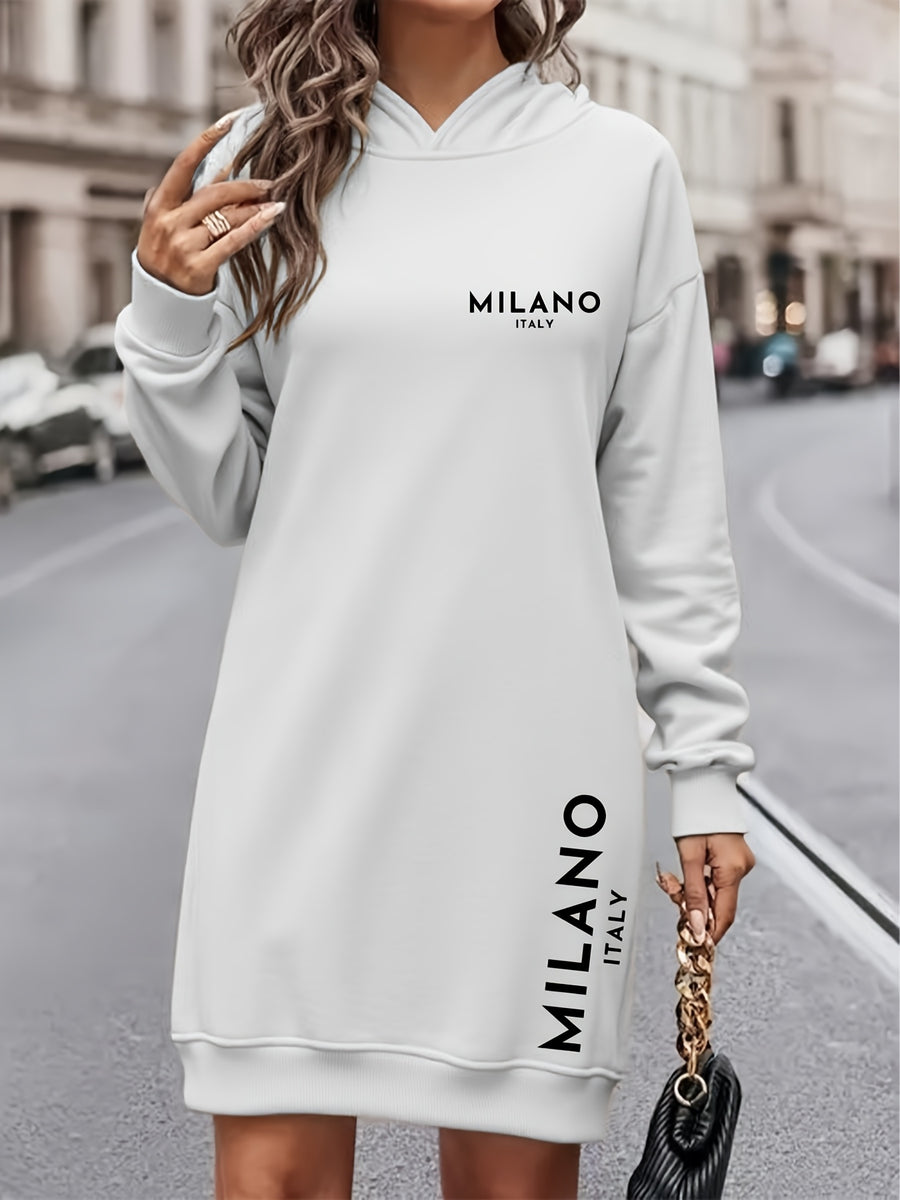 Women'S Fashion Letter Print Hooded Dress, Women'S Fall Winter Premium Trendy Street Style Age-Reducing Fleece Color-Block Hooded Sweatshirt Casual Top, Casual Versatile Hoodie, Jacket, Pullover Shirt, Long Sleeve Sweater, Elegant - White