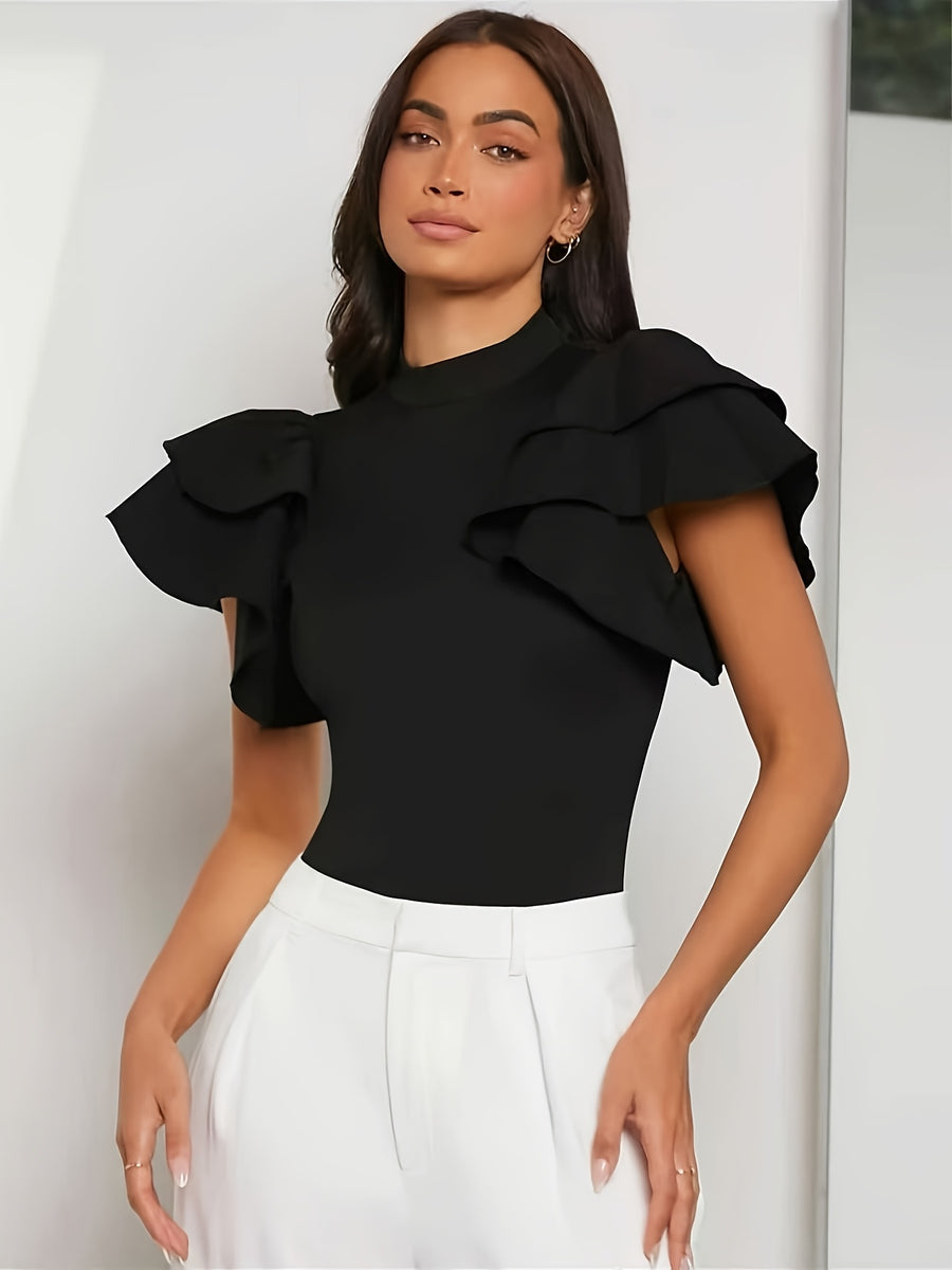 Elegant Exquisite Fashionable Women's Slim Fit Bodysuit, Semi-high Neck Stand Collar Design, Double-layer Large Ruffle Cap Sleeve Decoration On Shoulders, Hip-hugging Triangle Bodysuit Version, Shaping Sexy Hot Style - Black