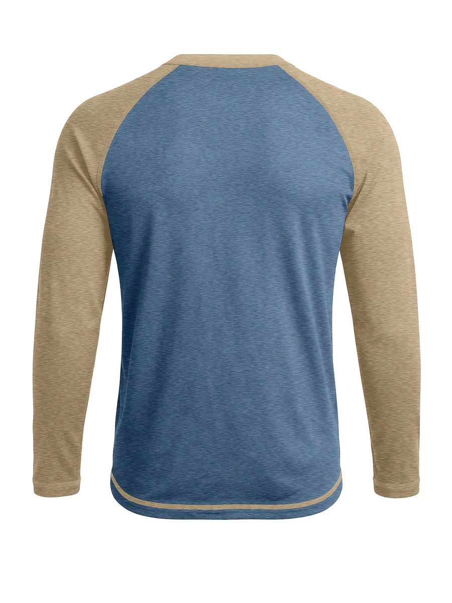 Cross-Border Men'S Long Sleeve Round Neck T-Shirt, Export European And American Men'S Clothing Color-Block Top Base Layer - Blue