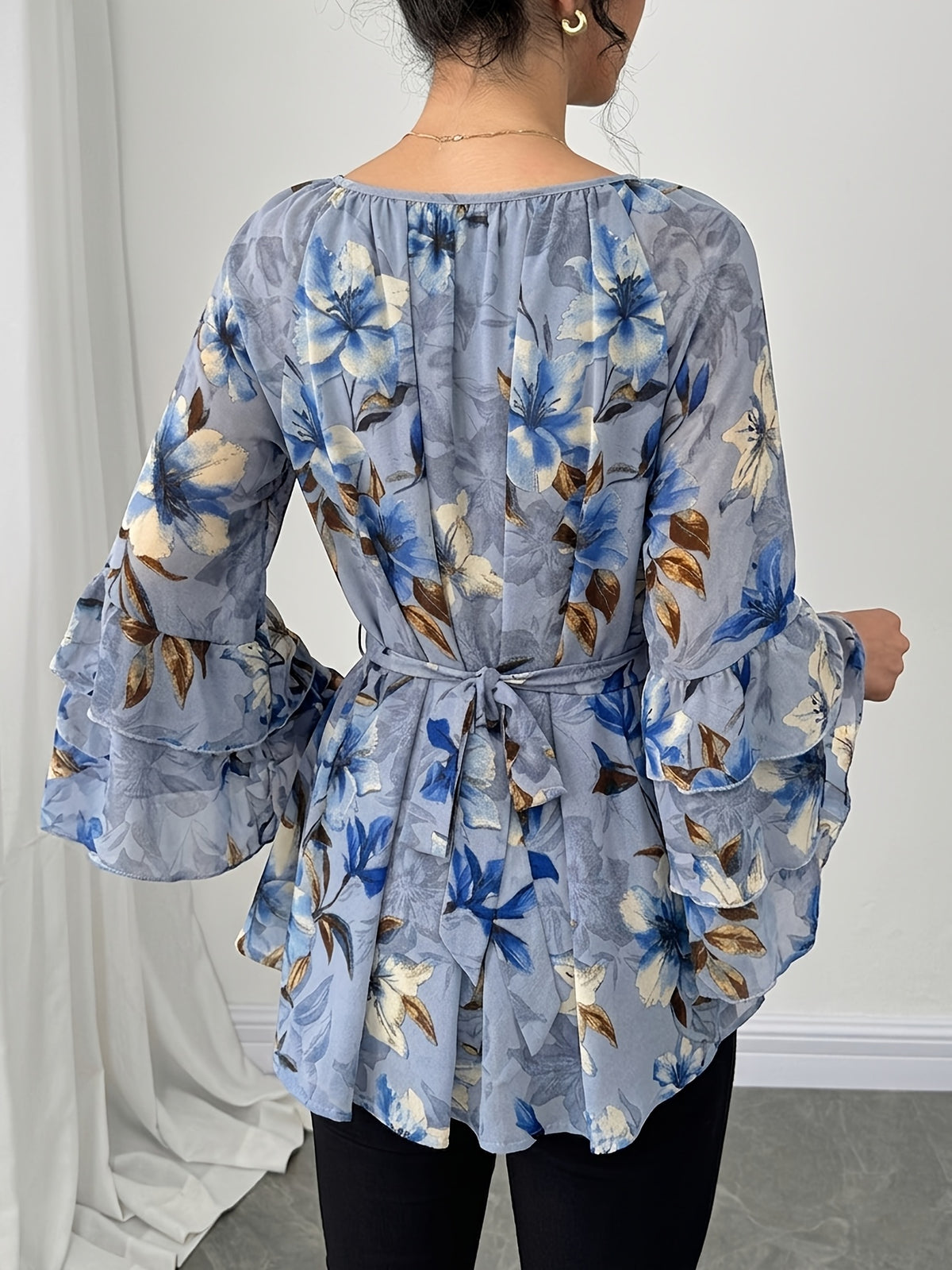 Women'S Summer Elegant Top, Chiffon Floral Print Layered Ruffle Sleeve, Waist Tie Festival Outfit, Holiday Vacation Wear Shirt - Light Blue